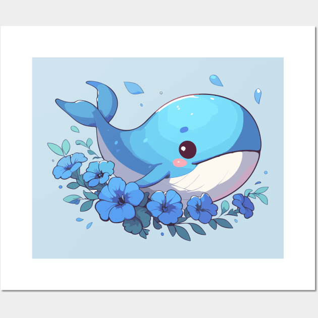 Kawaii Whale and petunias Wall Art by TomFrontierArt